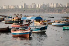 Boats in Chorillo harbour, Lima, Peru.