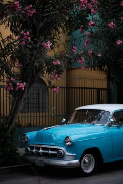 A blue, classic car in Barranco, Lima, Peru.