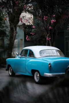 A blue classic car in Lima, Peru.