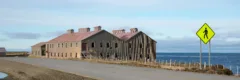 A large yellow sheep shearing shed, with a red roof and 5 chimneys in Tierra del Fuego, Chile.