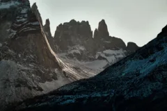 A close up of rugged granite peaks in Torres del Paine National Park, Chile.