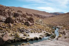 A creek runs through a red rock valley at Geyser Blanco in the Atacama Desert.