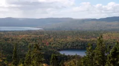 A view across a large forest. There are two lakes and some of the trees leaves are starting to turn red.