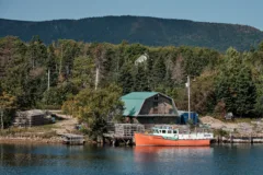 A small fishing boat sits tied to a small dock. There is a wooden house with a green roof behind it.