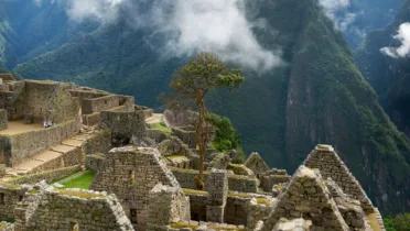 A photo of the residential buildings at Machu Picchu, Peru.