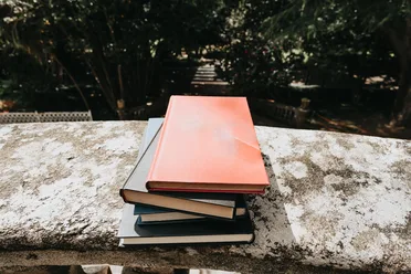 A stack of old, colourful books on a stone balcony that over looks a park.