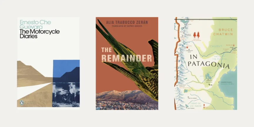 3 book covers on an off-white background. The books are The Motorcycle Diaries, The Remainder and In Patagonia.