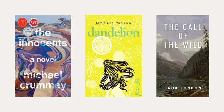 3 book covers on an off-white background. The books are The Innocents, Dandelion, and The Call of the Wild.