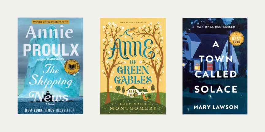 3 book covers on an off-white background. The books are The Shipping News, Anne of Green Gables, and A Town Called Solace.