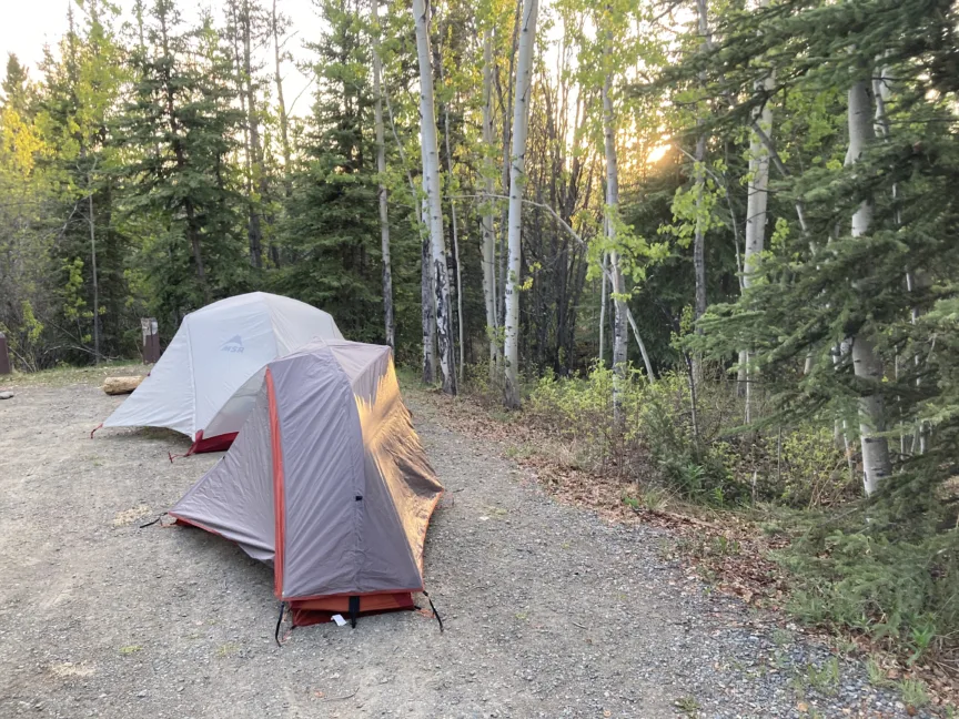 Two tents set up on a gravel tent pad, surrounded by trees.