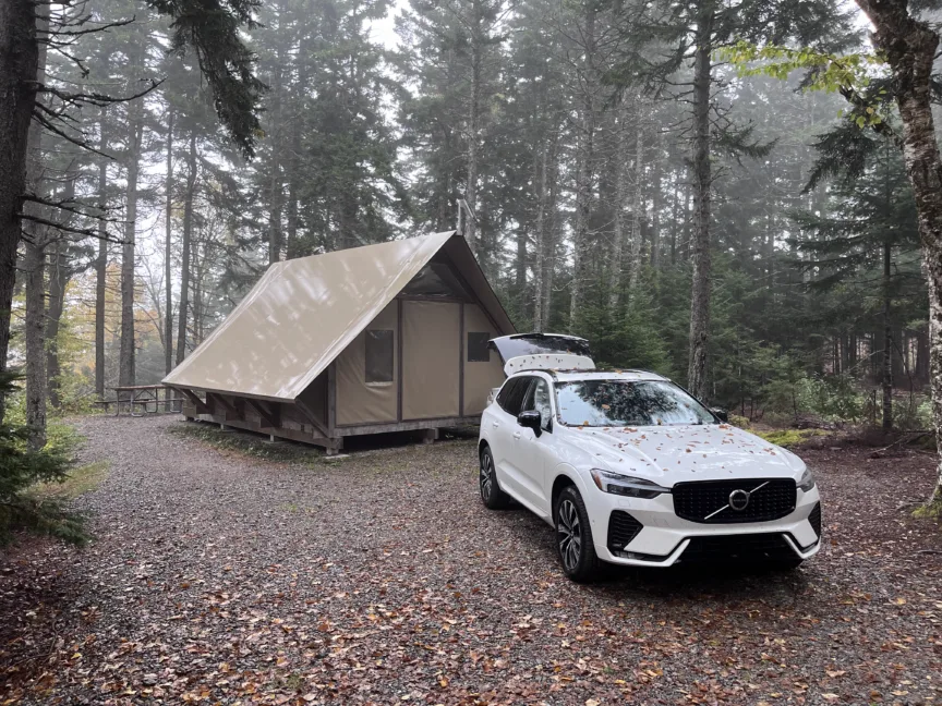 An oTENTik sits surrounded by trees. A white suv is parked in front of it with its boot open.