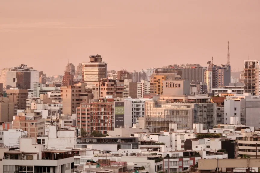 A view across Miraflores, Lima as the sun sets.