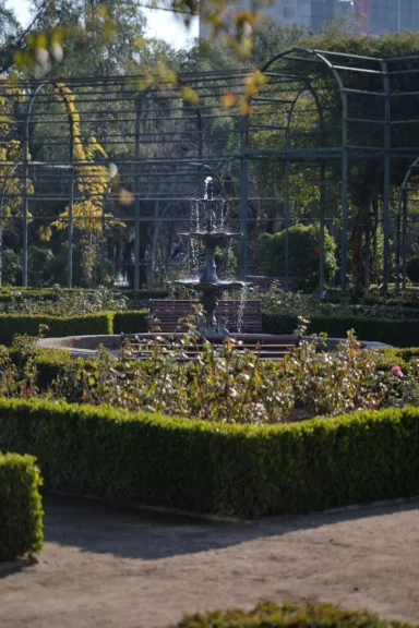 A fountain in the rose garden at Parque Araucano, Santiago, Chile.