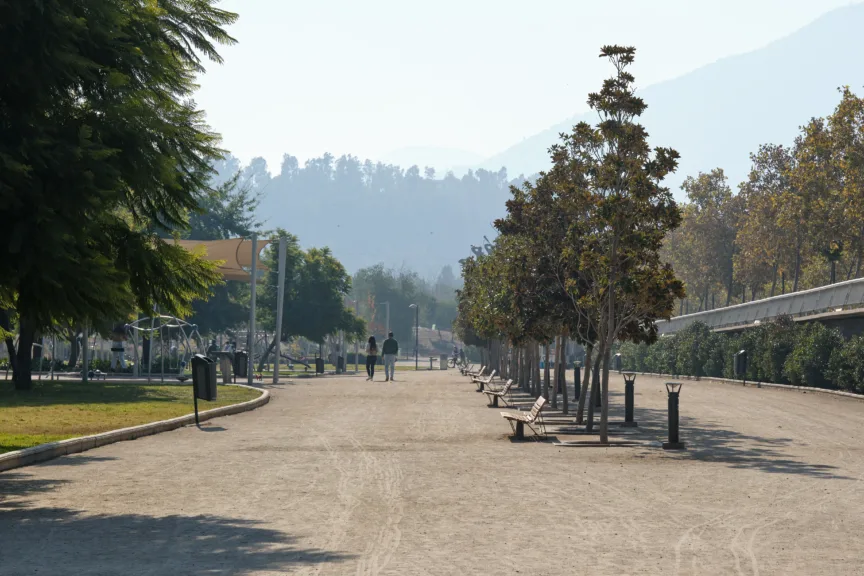 Wide gravel paths in Parque Bicentenario, Santiago, Chile.