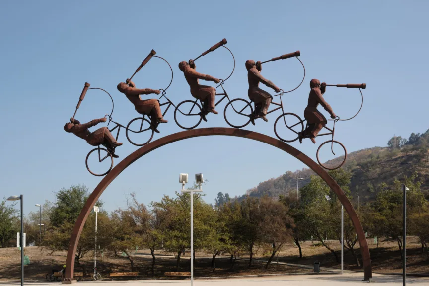 A metal sculpture, featuring cyclists in Parque Bicentenario, Santiago, Chile.