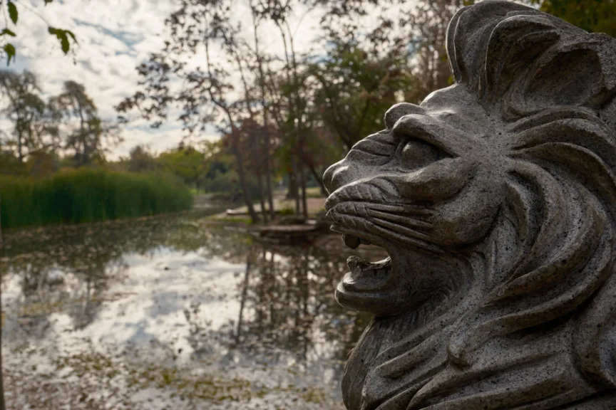 A lion statue in the Chinese gardens in Parque O'Higgins, Santiago, Chile.