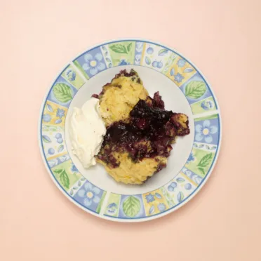 A white bowl with a floral pattern around the rim sits on a pink background. It contains blueberry grunt and ice cream.