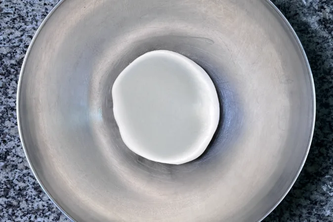 A silver bowl with a ball of bread dough inside.