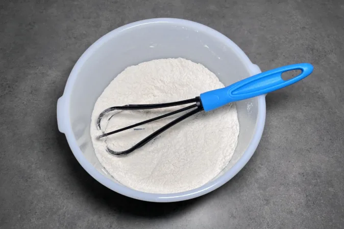 A white mixing bowl with flour and a blue handled whisk inside.