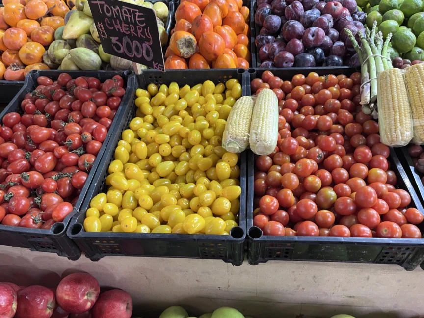 A selection of fruits and vegetables in a Chilean market.